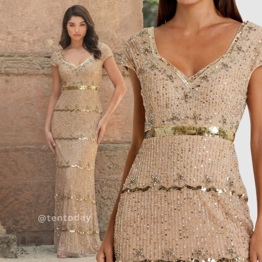 $698 Mac Duggal Size 6 Beaded Sequin Nude Beige Gold Long Column Gown Maxi Dress